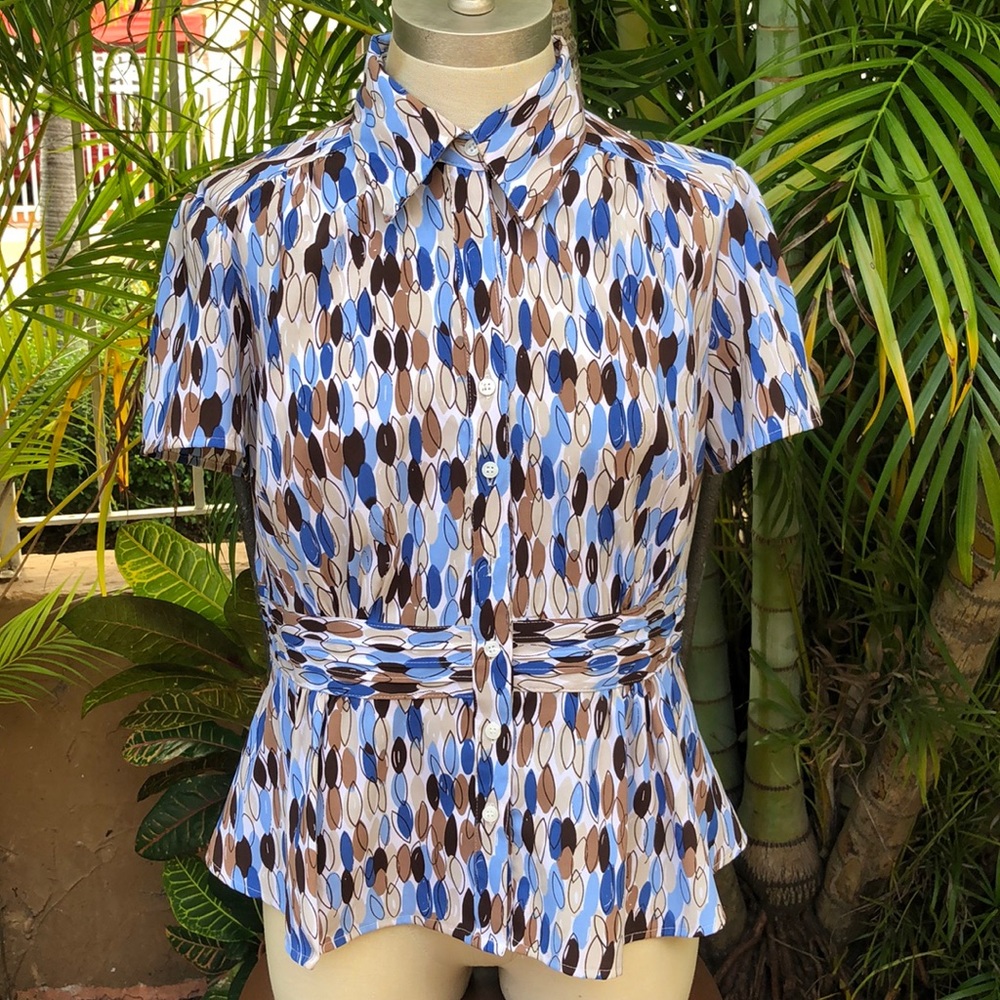 FRED DAVID print Peplum button down blouse- size M